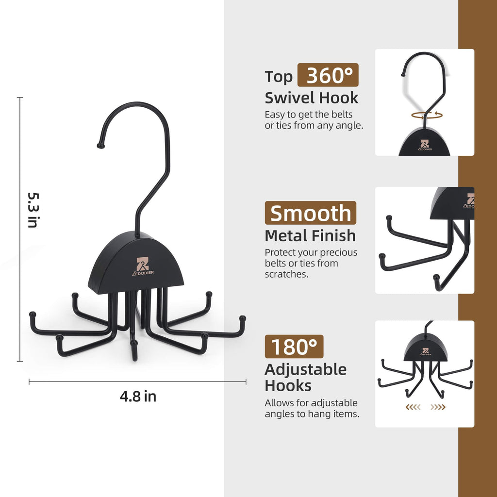 ZEDODIER 2 Pack Tie Hanger & Belt Organizer, Rotatable Tie Rack Space Saving Tie Holder with 16 Adjustable Hooks for Closet Organizers and Storage, Sturdy Belt & Tie Collection Storage, Black