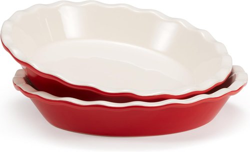 KooK Ceramic Pie Pan - Reusable Round Baking Dish for Quiche & Casseroles | 9-Inch, Wave Edge, Set of 2, Cherry