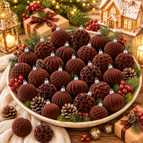 Brown Velvet Christmas Ornaments Set - 46 Shatterproof Holiday Decor