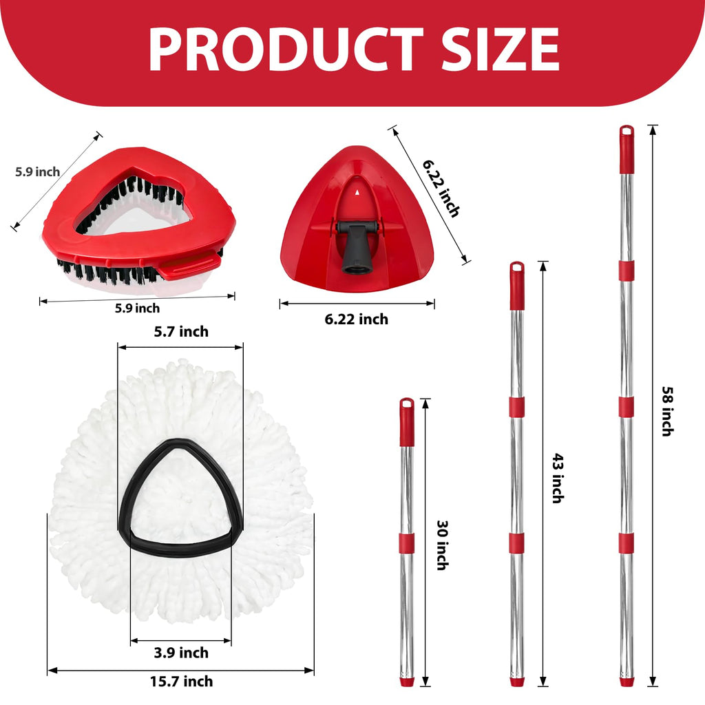 Spin Mop Replacement Set for O-Ceda EasyWring 1-Tank System, Includes 2 Mop Head Replacement, 1 Mop Handle (30-58in Adjustable 4-Section Pole), 1 Scrubber Head, 1 Spin Base