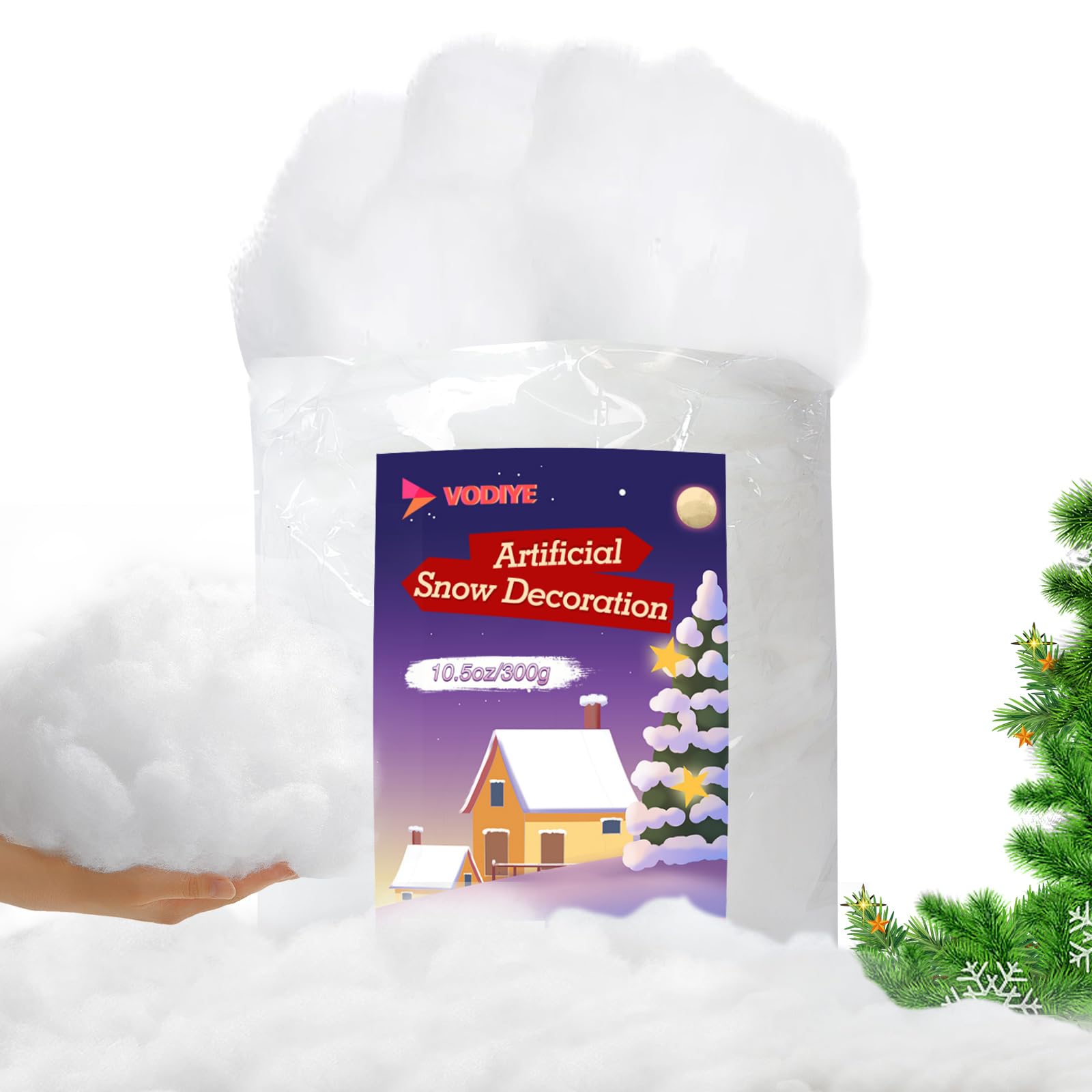 Vodiye Fake Snow for Christmas Decor, 10.5oz/300g - Soft & Lifelike Artificial Snow Cotton Fluff, Perfect for Christmas Villages, Mantels, and Holiday Displays – Bring The Beauty of Snow Indoors