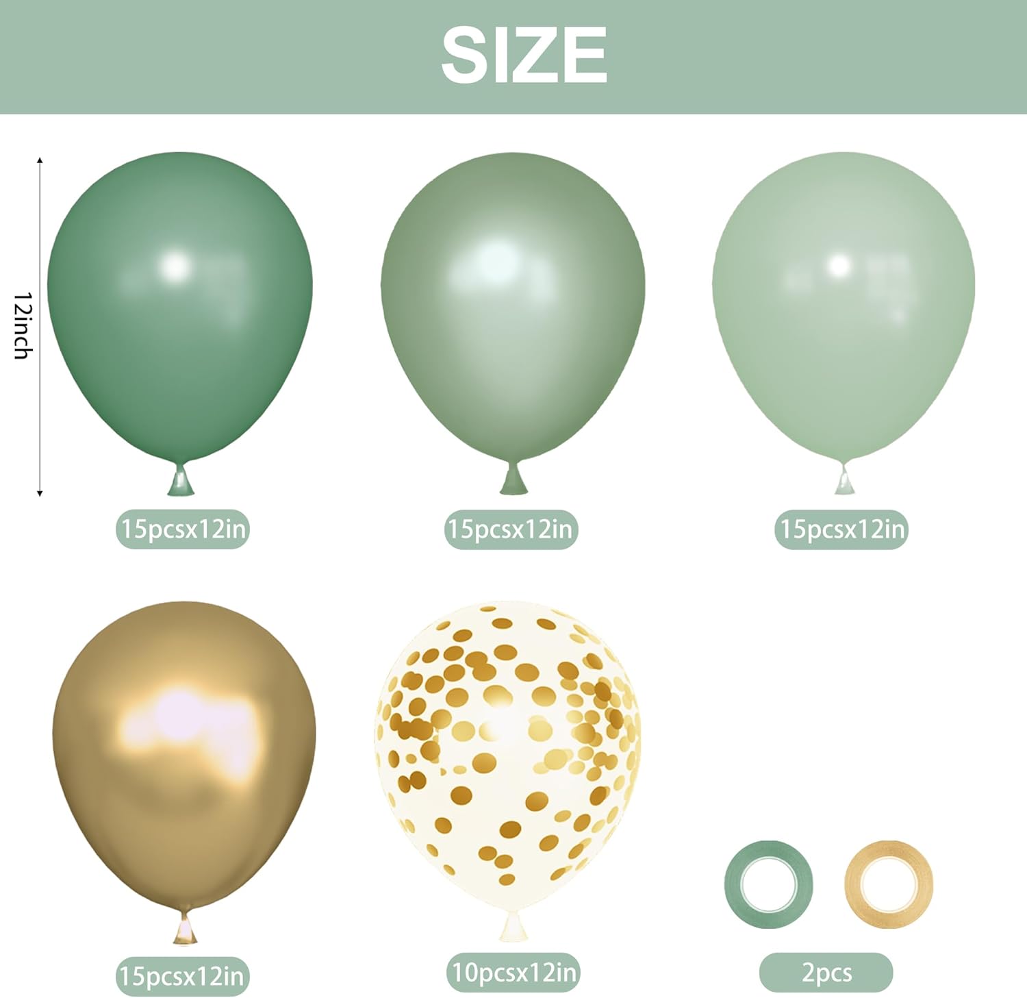 Skiennix 72Pcs Sage Green Balloon Set - 12" Latex Balloons with Pearl Metallic Gold & Olive Confetti for Baby Shower, Birthday, Wedding Decorations