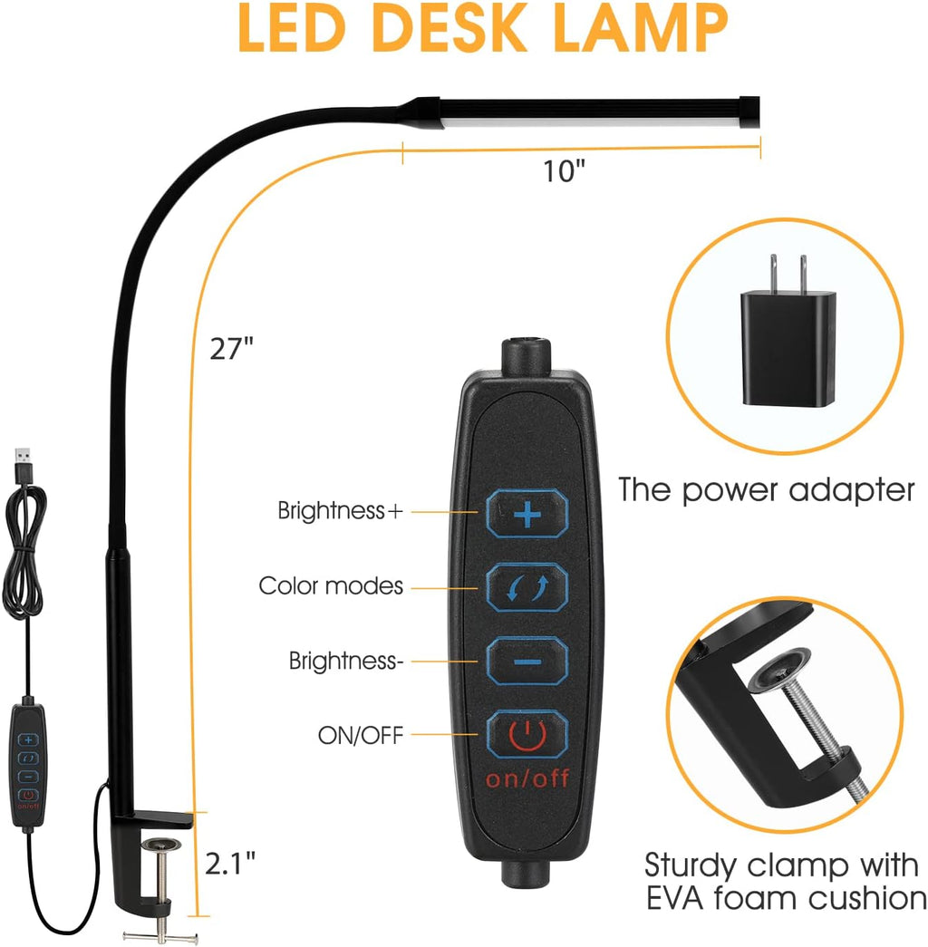 Voncerus LED Desk Lamp - Eye-Caring Clip-On Light with 3 Modes & 10 Brightness Levels | Flexible Goose-Neck, Black