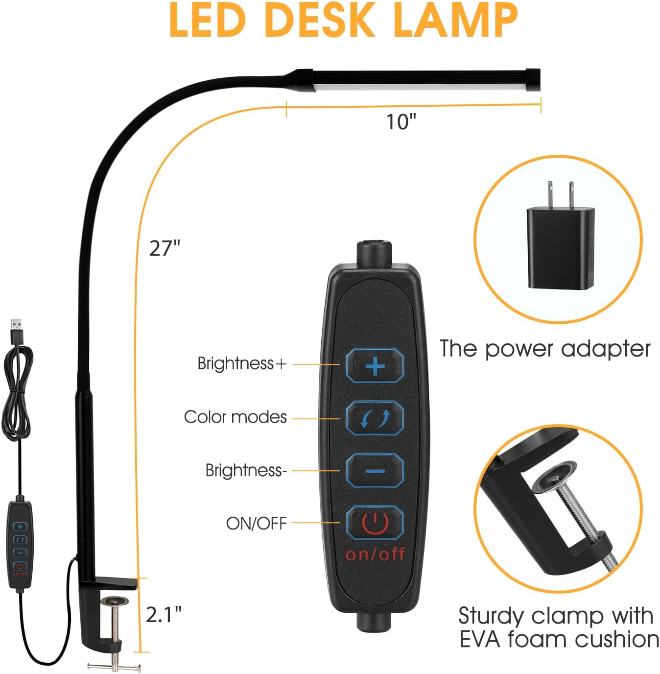 Voncerus LED Desk Lamp - Eye-Caring Clip-On Light with 3 Modes & 10 Brightness Levels | Flexible Goose-Neck, Black