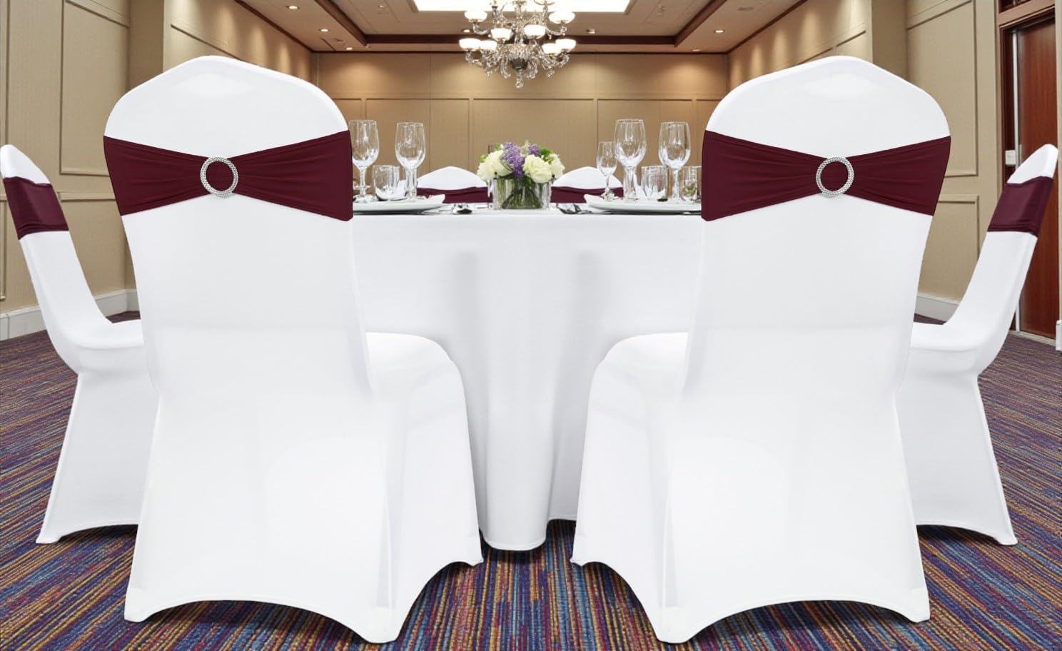 MDS Spandex Chair Sashes - Universal Elastic Stretch Bows with Buckle Slider | 125 Pack in Burgundy