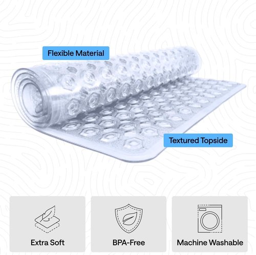 GORILLA GRIP Bath Tub Shower Mat - Machine Washable, Suction Cups & Drain Holes, 35x16 Inch, Clear