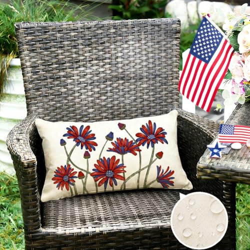 RABUSOFA Patriotic Daisy Throw Pillow Cover, 12x20 Waterproof Linen