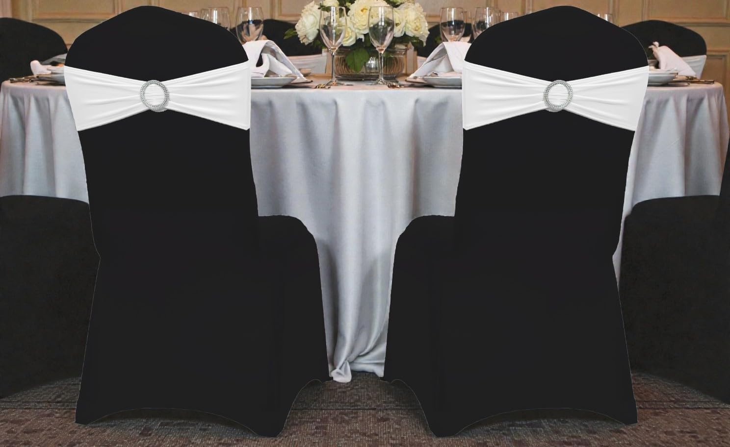 MDS Premium Stretch Spandex Chair Sashes - Pack of 50 Universal Bow Covers for Weddings & Events | White