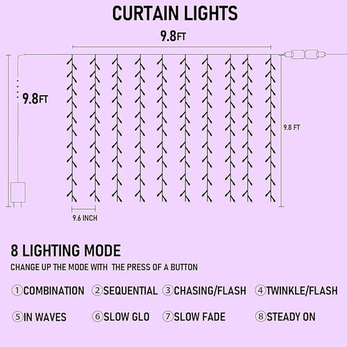 Dazzle Bright 300 LED Christmas Curtain String Lights - Waterproof Purple Fairy Lights with 8 Modes