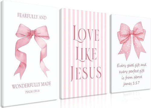 Dytila 3 Piece Pink Bows Wall Art - Cute Bible Verse Decor for Girls' Rooms | 12x16 Inch Dorm Artwork
