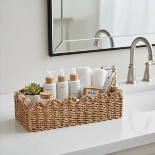 CubesLand Toilet Paper Storage Basket - Scalloped Edge Design with 2 Wooden Handles | Neutral Color, Small Size