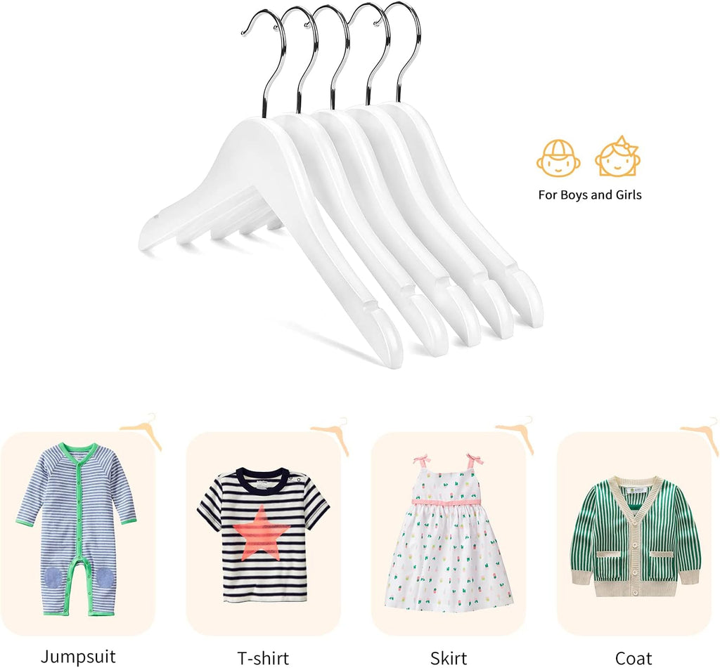 Nature Smile Wooden Shirt Coat Hangers for Kids - Anti-Rust Chrome Hooks | Pack of 10 (White)