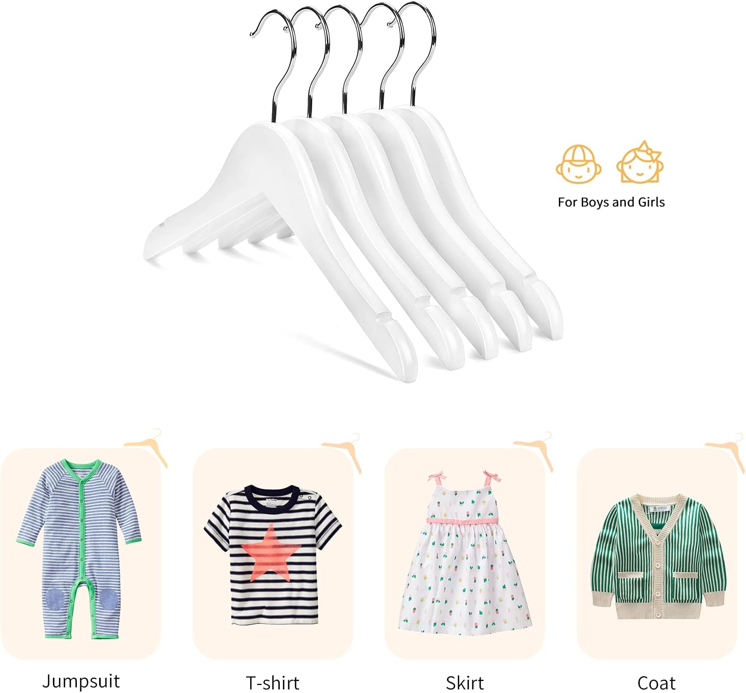 Nature Smile Wooden Shirt Coat Hangers for Kids - Anti-Rust Chrome Hooks | Pack of 10 (White)