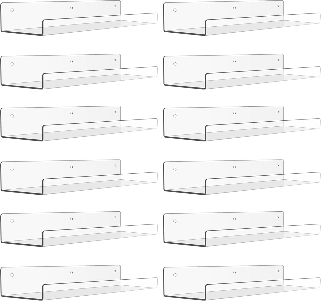 Upsimples 12 Pack Acrylic Shelves - Clear Wall Organizer for Figures, Toys, Perfume | 15" Display Shelf for Bedroom & Nursery
