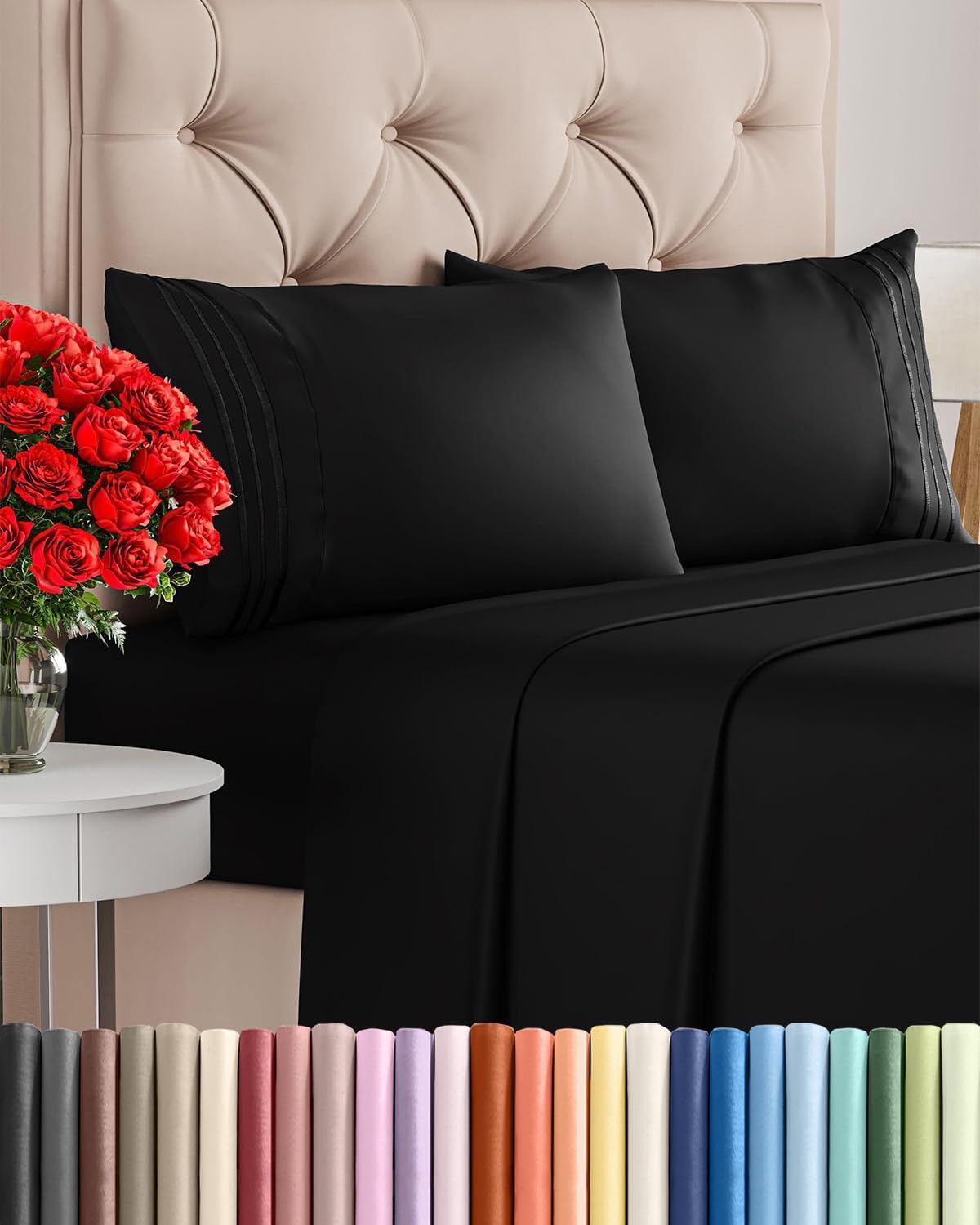 Skiennix Queen Size 4-Piece Sheet Set - Ultra-Soft Cooling Bedding - Deep Pockets, Wrinkle-Free - Black
