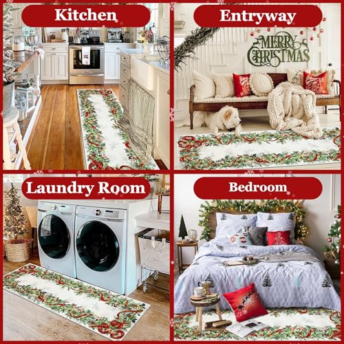 Christmas Washable Runner Rug Bell Leaves White 2x6ft - Holiday Decor