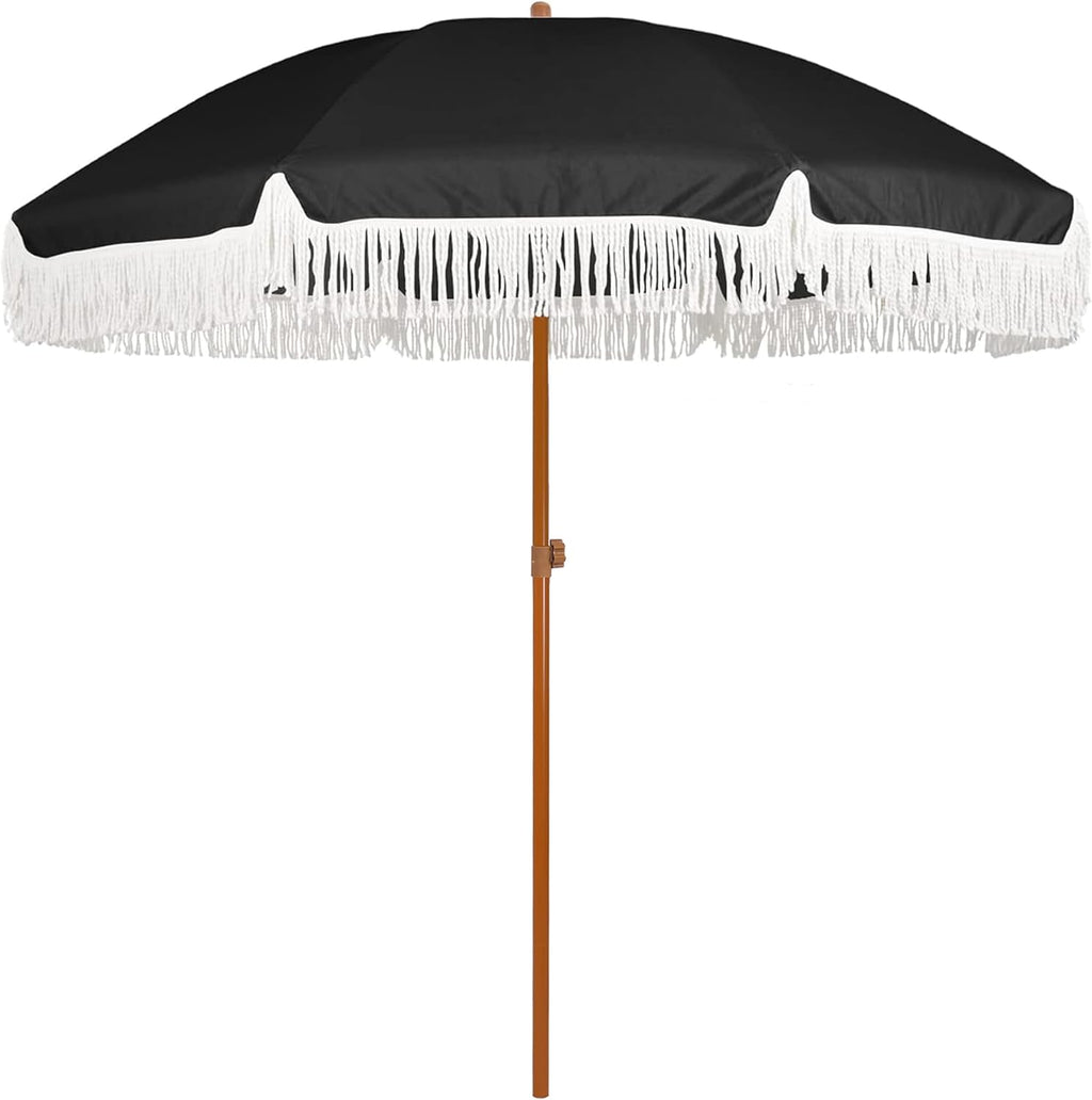AMMSUN 7ft Patio Umbrella - Stylish Fringe Design with UPF50+ Protection & Steel Pole | Black