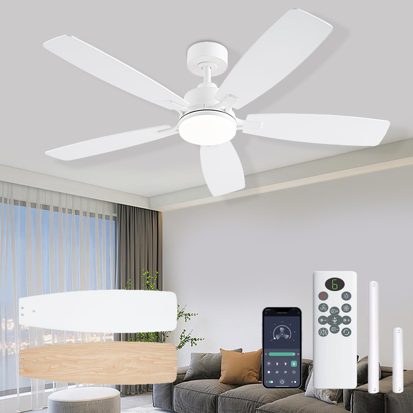 NKPU White Ceiling Fans with Lights, 52 Inch Low Profile Ceiling Fan with Light and Remote/App Control, Dual-Sided Blades, Reversible, 3CCT, Dimmable, Modern Ceiling Fan for Indoor/Outdoor Patios
