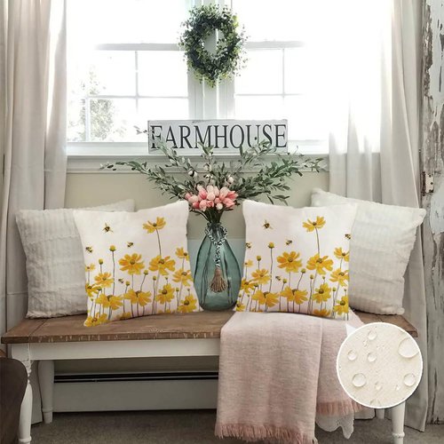 ARGOOFG Summer Outdoor Pillow Covers18X18 Set of 2 Waterproof Daisy Throw Spring Decorative Farmhouse Cousion Case for Patio Furniture Garden Home Sofa Couch Yellow (Yellow, 18" x 18" (Pack of 2))