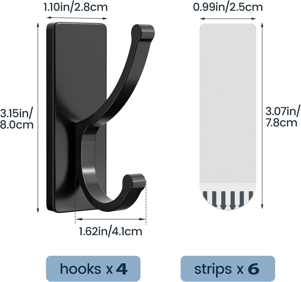 Pickpiff Adhesive Wall Hooks - Heavy Duty, No Residue, Easy to Remove | 4 Pack Black
