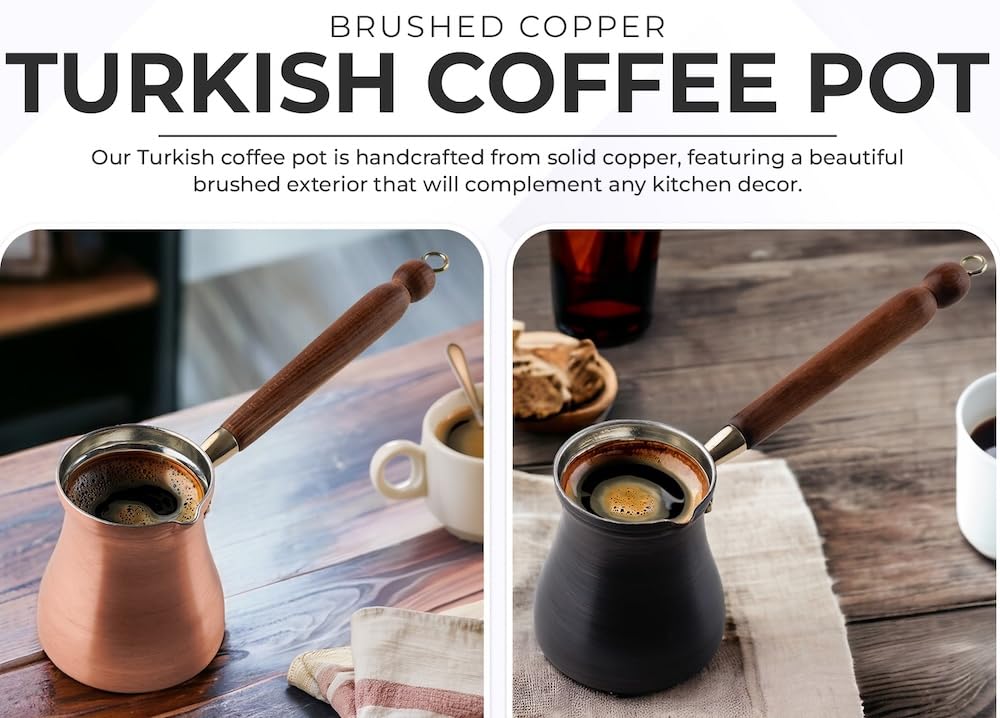 DEMMEX Turkish Coffee Pot – 1mm Thick Brushed Copper Cezve, Ibrik, Briki, Stovetop Greek Arabic Coffee Server, 100% Handmade in Turkey, 15 fl oz, Serves 6