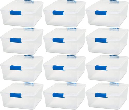 HOMZ 12-Pack Clear Plastic Storage Organizer Bins - 15.5 Quart Stackable Containers for Home & Office