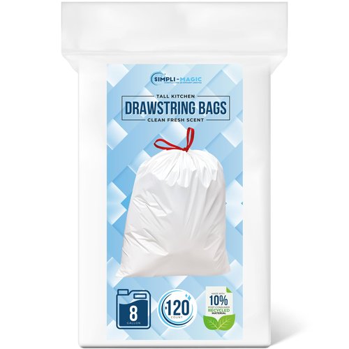 SIMPLI-Magic 8 Gallon Drawstring Trash Bags, Code A, 120 Pack – Tall Kitchen Garbage Bags, Custom Made with Premium Materials (White)