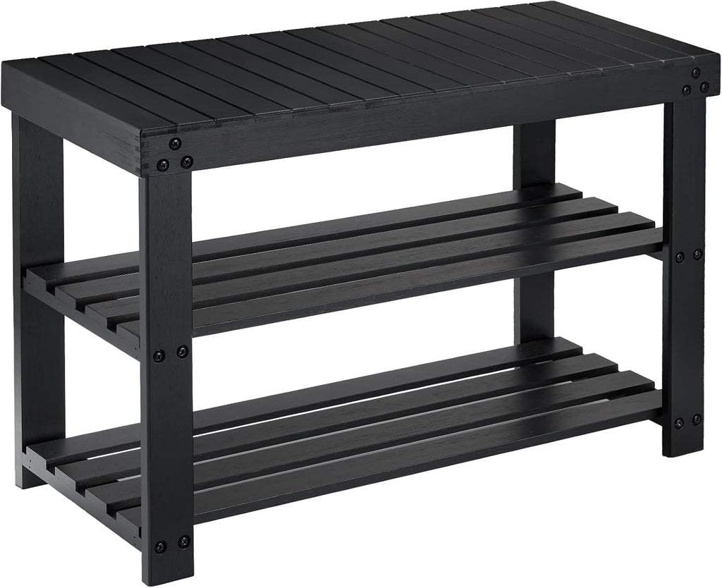 Pipishell Bamboo Shoe Rack - 3-Tier Sturdy Organizer Holds Up to 300lbs | Black Entryway Bench