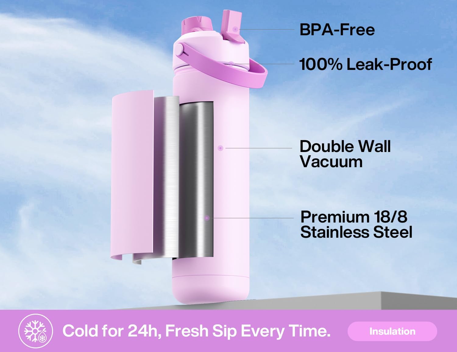 POWCAN 26 oz Insulated Water Bottle - 2-in-1 Straw & Spout Lid, Leak-Proof, Fits Car Cup Holder | Cherry Pop