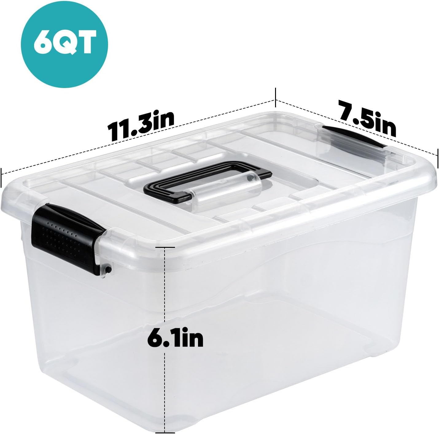 Nazhura Storage Bins - Stackable Clear Plastic Containers with White Lids | 6QT, 12-Pack