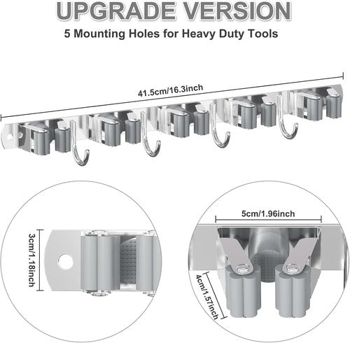 HANZENMA Broom Holder Wall Mount - Heavy-Duty Stainless Steel Organizer for Home & Garage | 5 Racks, 4 Hooks