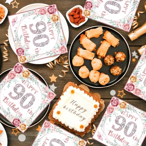 EUOYUFO 50Pcs Rose Gold Floral 90th Birthday Napkins for Women - 90th Birthday Party Supplies