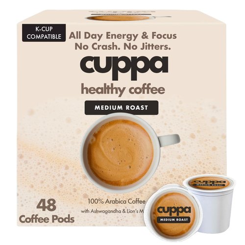 Cuppa Medium Roast Mushroom Coffee with Adaptogens & Superfoods - Lion’s Mane, Ashwagandha & Cordyceps. Adaptogens + MCT to support natural energy, mental focus & gut health (48 Pods)