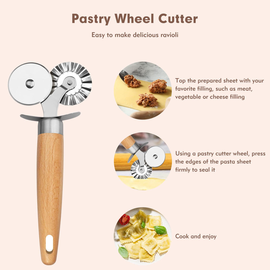 Pasta Cutter Wheel - Fluted Pastry Cutter Double Wheel Ravioli Cutter Tool with Wooden Handle for Pasta Pizza Ravioli Cookie