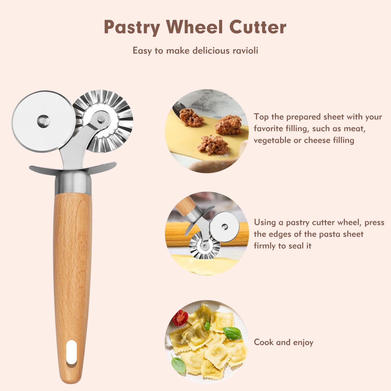 Pasta Cutter Wheel - Fluted Pastry Cutter Double Wheel Ravioli Cutter Tool with Wooden Handle for Pasta Pizza Ravioli Cookie