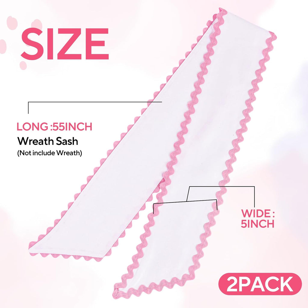 Skiennix Scalloped Wreath Sash - Elegant Ruffle Ribbon Bow for Front Door Decor | White & Pink Set of 2