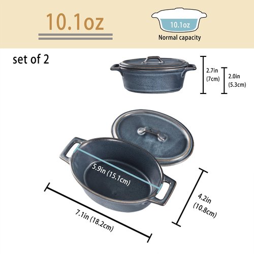 Ceramic Mini Oval Cocotte Set - 10 Ounce Casserole Dishes with Lids | Set of 2, Blue, Oven & Microwave Safe