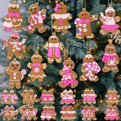 Pink Gingerbread Man Christmas Ornaments Set of 24 - Holiday Tree Decorations