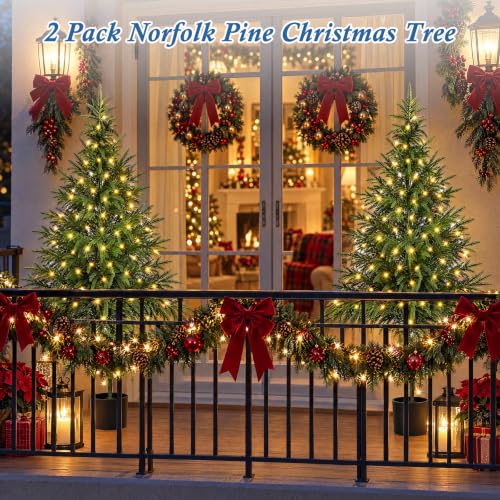 4ft Artificial Norfolk Pine Christmas Tree Set with Lights - 2 Pack