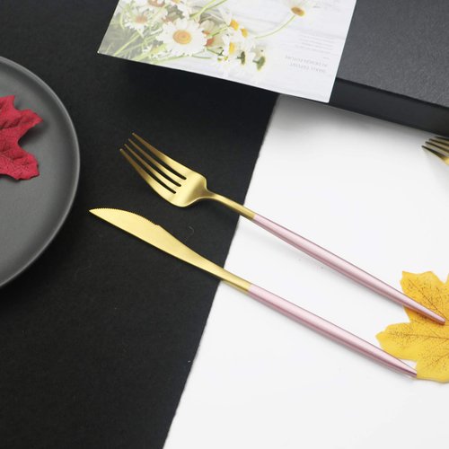 JASHII Luxury 18/10 Pink Handle Flatware Gold Silverware Set 304 Stainless Steel Flatware Cutlery Set| 24-Piece Adaline Royal Modern Satin Finish| BEST Birthday Wedding Gift (Pink Handle Matte Gold)