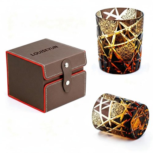 LOUISEYUN Edo Kiriko Old Fashioned Whiskey Glasses Japanese Style Crystal Amber 8 0z Black Diamond Cut Glass Cup Tumbler for Vodka Cocktail