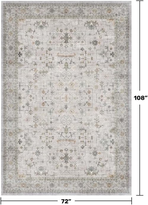 Hazo Haus Boho Light Grey Area Rug - Modern Vintage Floral Design | Washable 6x9 Non-Slip Living Room Rug