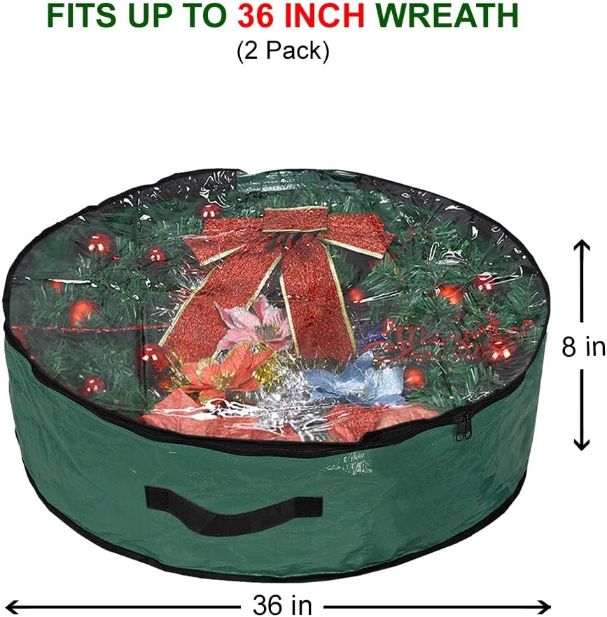 Propik Christmas Wreath Storage Bag - 36" Tear-Resistant Holiday Container with Clear Window - 2 Pack, Green