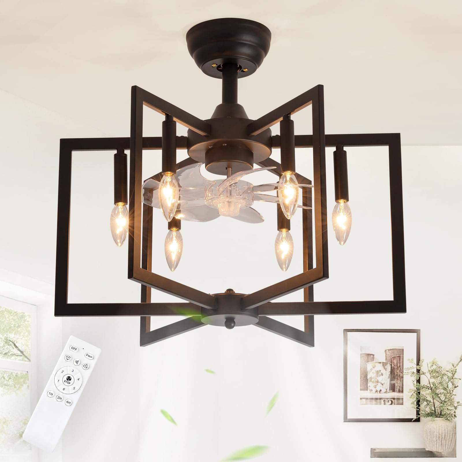 Jughtbo Black Chandelier Fan with，Farmhouse Rustic Ceiling Fan with Light and Remote, Adjustable Height, Rustic Chandeliers for Living Room, Bedroom, Hallway, Entryway Kitchen Lighting