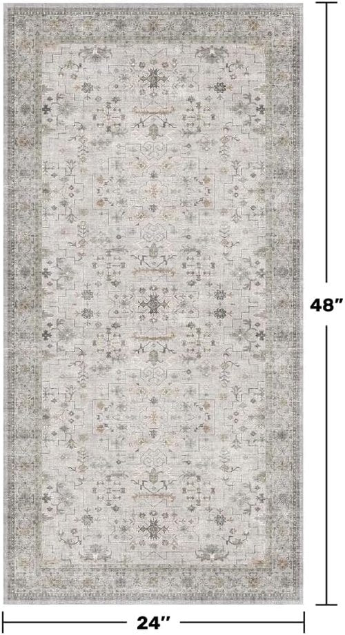 Boho Bathroom Rug by Light Grey | Modern Vintage Floral Design, Washable Non-Slip 2x4 Area Rug