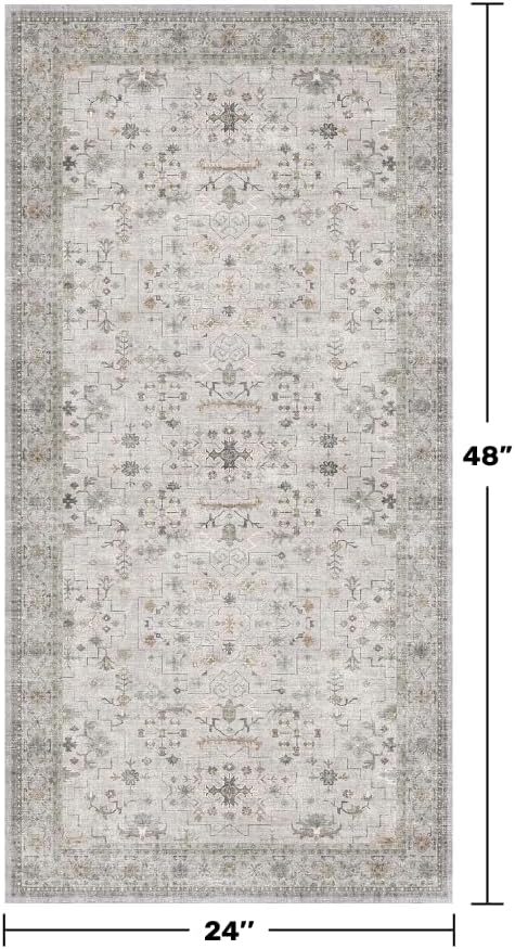 Boho Bathroom Rug by Light Grey | Modern Vintage Floral Design - Washable Non-Slip 2x4 Size