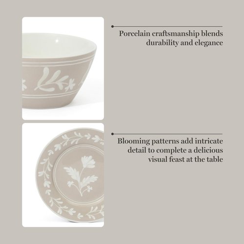 Martha Stewart Maiden Crown 12-Piece Taupe Dinnerware Set – New Bone China Ceramic Plates & Bowls – Floral Design – Service for 4 – Dishwasher & Microwave Safe