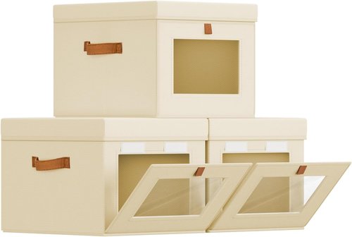 Homsorout Storage Bins with Lid - Foldable Fabric Organizer with Clear Window | 3 Pack, Beige