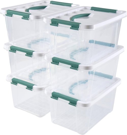 Eslite 6 Quart Clear Plastic Stackable Storage Bins - Latching Box with Handle & Lid, Pack of 6 (Green Handle)