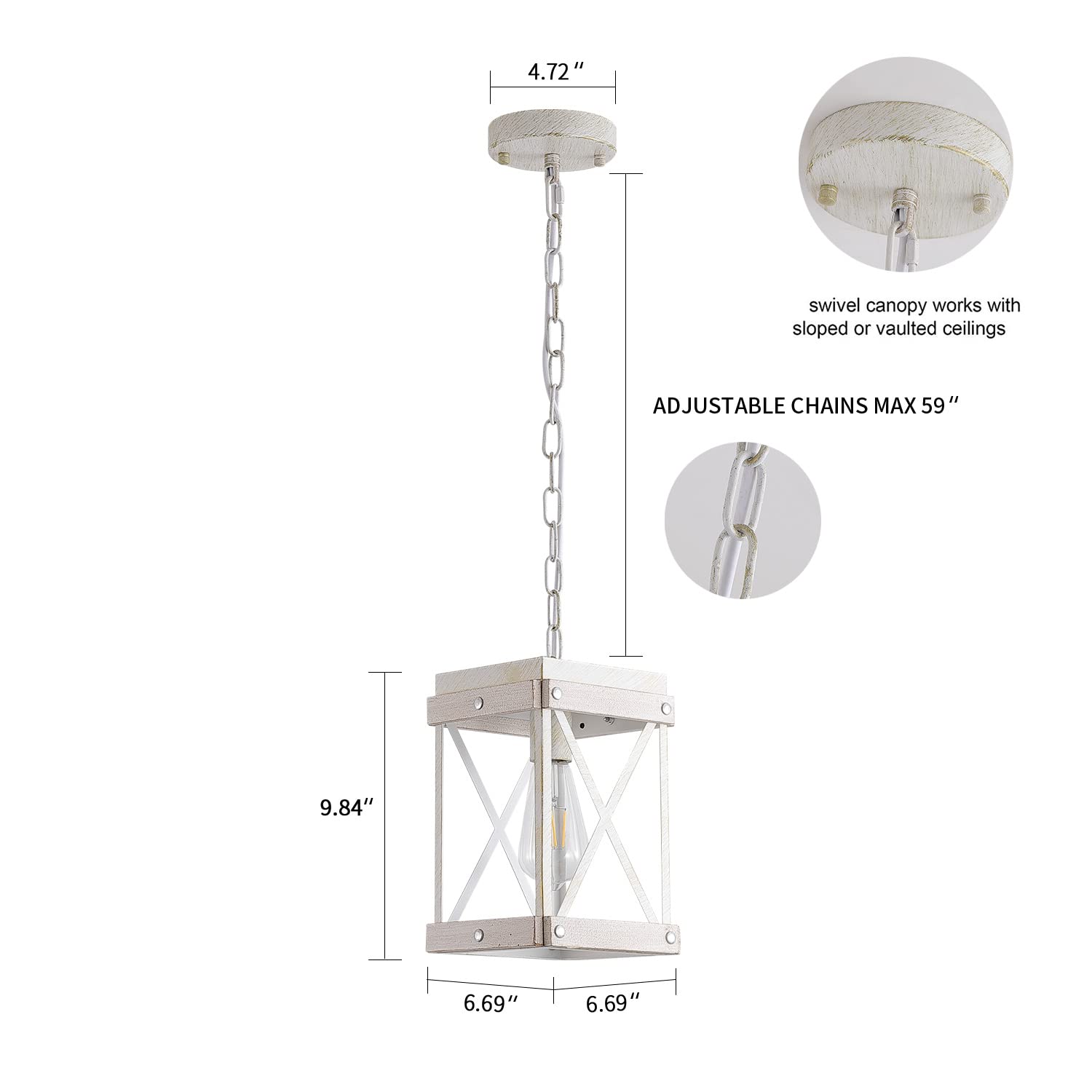 Fivess Lighting Modern Farmhouse Antique White Distressed Pendant Light with Wood and Metal Cage, One-Light Adjustable Chains Rustic Mini Pendant Lighting Fixture for Kitchen Island Cafe Bar